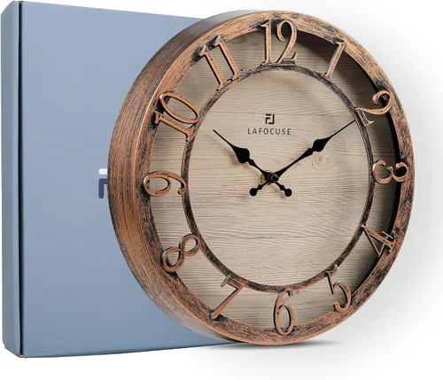 Miniatura 7 de Lafocuse Relojes de pared silenciosos de 12 pulgadas en color marrón, relojes de pared de granja operados con pilas, analógicos para cocina y sala