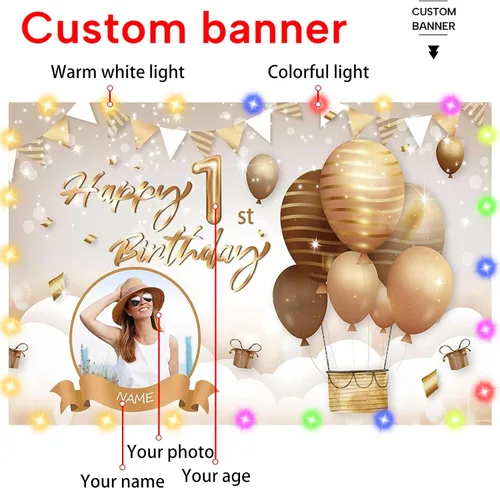 Miniatura 2 de Cartel de feliz cumpleaños beige personalizado para telón de fondo grande de feliz cumpleaños, globo aerostático, fiesta, interior y exterior