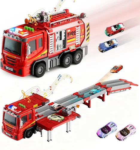 Juego de camiones de bomberos para niños de 3 a 7 años, camión de bomberos con 3 dardos suaves y 8 mini autos de aleación, juguetes plegables de 3