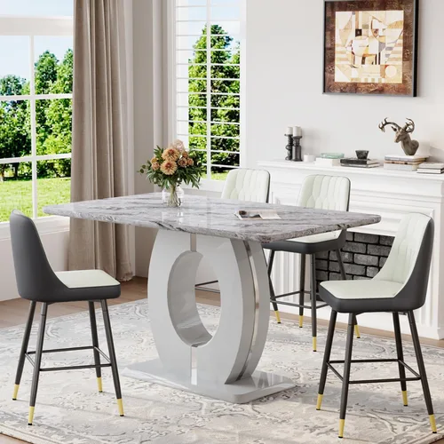 Miniatura 13 de Juego de mesa de comedor de mármol de 63 pulgadas para 6, moderno juego de mesa de comedor de altura de mostrador, mesa alta gris con taburetes