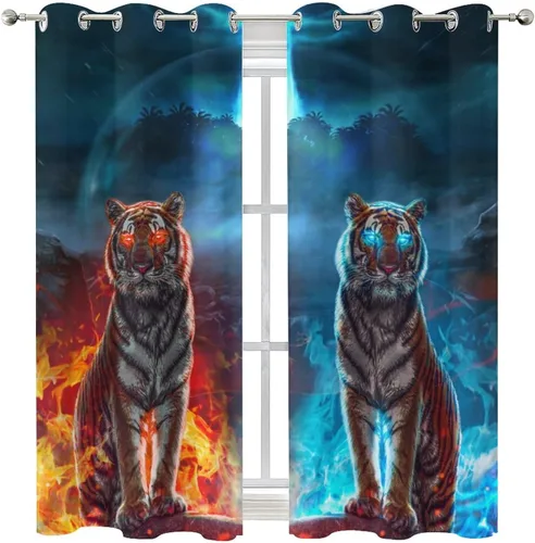 Miniatura 8 de Cool King of The Forest - Cortinas opacas con diseño de tigre anime, fantasía, animal, fuego, tigre, hielo, con ojales, ahorro de energía, 2