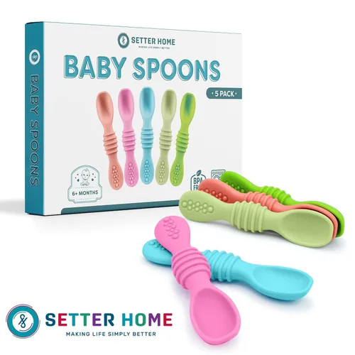 Miniatura 8 de Juego de cucharas de silicona prémium para bebés, cucharas para bebés y niños pequeños, utensilios de destete masticables para bebés de primera