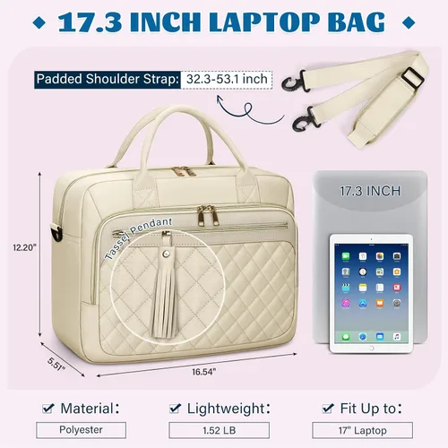 Miniatura 2 de RAINSMORE Bolsa para laptop de 17.3 pulgadas para mujer, impermeable, bolsa de hombro grande para computadora portátil, para trabajo, negocios, Beige