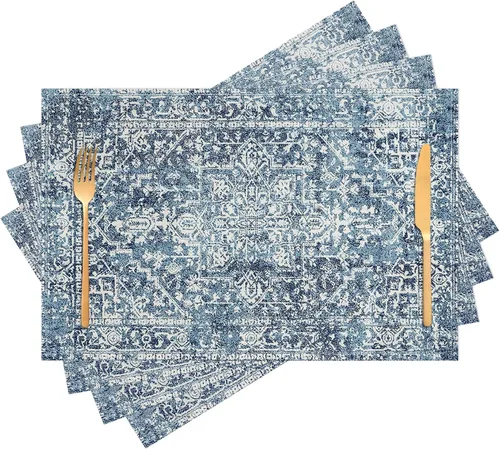 Juego de 4 manteles individuales color azul bohemio para interiores, tela de lino étnica, lavables, resistentes al calor, para mesas de cocina,