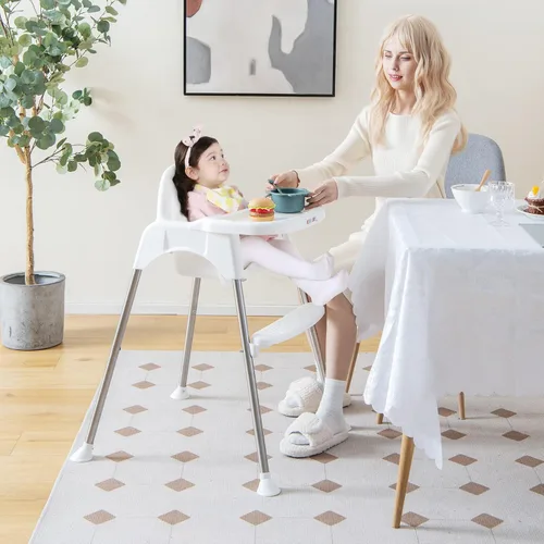 Miniatura 8 de BABY JOY Silla alta para bebé, 4 en 1, trona convertible para bebés y niños pequeños con patas ajustables, doble bandeja extraíble, arnés de Blanco