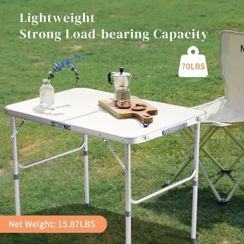 Miniatura 6 de Mesa plegable de aluminio, mesa de campamento multiusos para picnic, mesa rectangular portátil y ajustable, color blanco