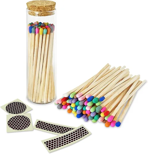 Thankful Greetings Fósforos Arcoíris de 4 pulgadas en un Frasco + Calcomanías Encendedoras Incluidas | 100 Fósforos de Seguridad Decorativos de
