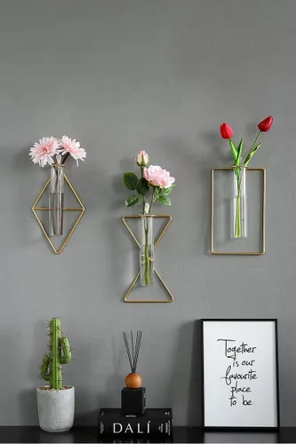 Miniatura 6 de Jarrón nórdico de pared, jarrón hidropónico geométrico dorado, maceta hidropónica para colgar en la pared, jarrón decorativo para centros de mesa