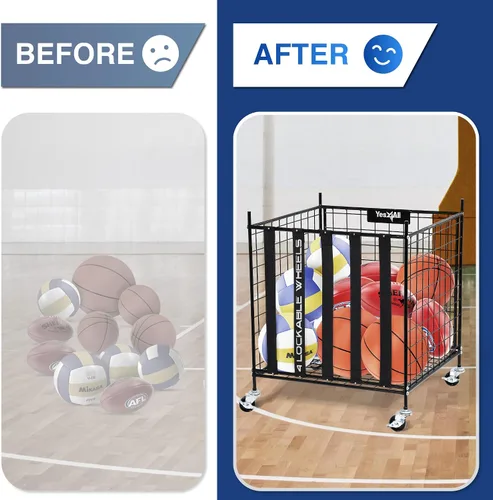 Miniatura 6 de YES4ALL Carrito de almacenamiento de bolas rodantes con ruedas bloqueables, soporte de baloncesto de voleibol, cubo de pelotas de juguete, jaula