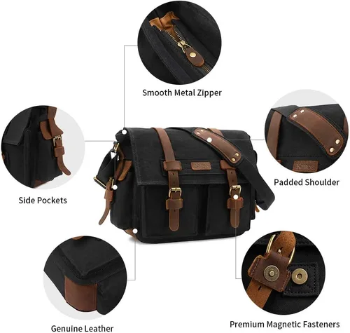 Miniatura 6 de Kattee Bolso de cuero de la cámara de la lona del bolso de la vendimia DSLR SLR Messenger Bag