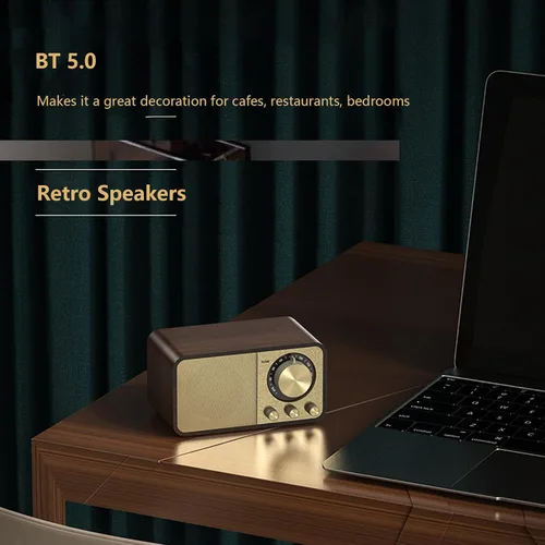 Miniatura 3 de Altavoz BT de madera retro vintage, radio AM FM portátil recargable con reproducción AUX/USB/TF, radio retro recargable para cafeterías