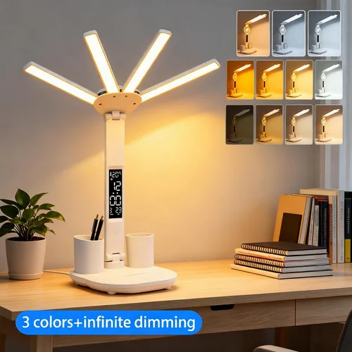 Miniatura 3 de Lámpara de escritorio LED con reloj, lámpara de estudio plegable, 3 modos de iluminación, lámpara de mesa regulable para cuidado de los ojos