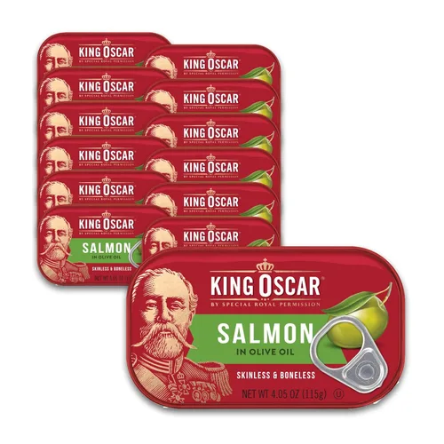 King Oscar Salmón Premium en Aceite de Oliva, Latas de 4.05 onzas (Paquete de 12, el Empaquetado Puede Variar), Salmón Sin Hueso y Sin Piel