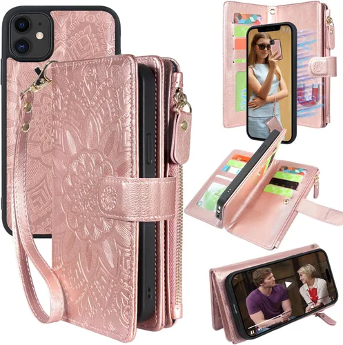 Miniatura 8 de Harryshell Cartera con cremallera magnética desmontable Funda de cuero con bolsillo para efectivo con ranuras para tarjetas, correa de muñeca