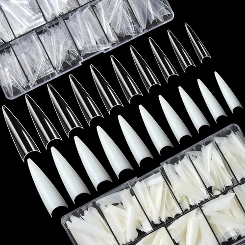 Miniatura 10 de FEBSNOW 600 piezas de puntas de uñas postizas largas estilo ataúd, uñas de gel transparentes de cobertura completa, estilo bailarina, autoadhesivas