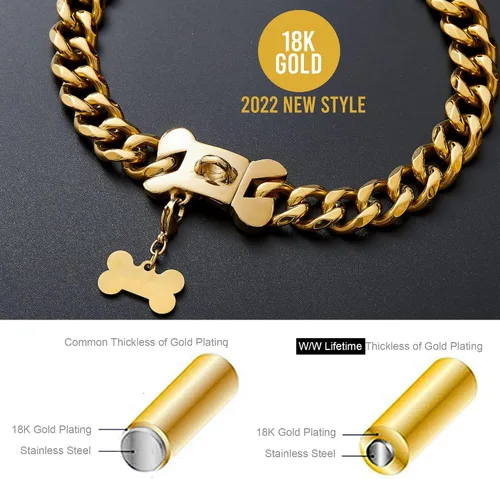 Miniatura 2 de Collar de perro con cadena de oro de 0.71 pulgadas, eslabones cubanos con hebilla de presión segura, collar de metal para Pitbull pequeño y mediano
