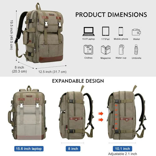 Miniatura 3 de Mochila de lona WITZMAN con puerto de carga USB, mochila grande de viaje, equipaje de mano, apta para laptop de 17 pulgadas para hombres, Verde