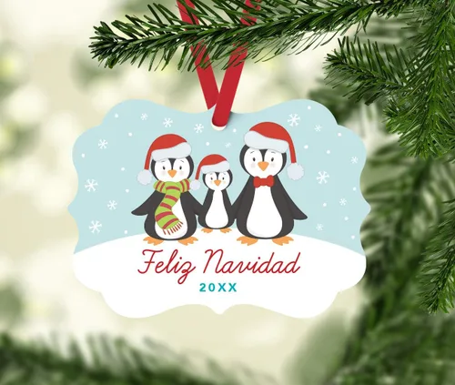 Miniatura 2 de Andaz Press Adorno de recuerdo de Navidad con marco de fantasía para la familia española, metal, feliz Navidad 2025, familia de pingüinos de Merry