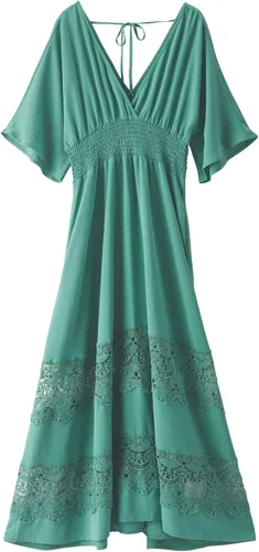 Miniatura 42 de Vestido largo de encaje para mujer de manga corta y cuello en V, vestido de fiesta estilo bohemio con cintura fruncida, vestido bohemio para mujer