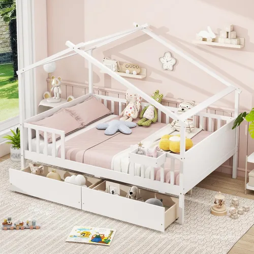 Miniatura 12 de Giantex Cama individual para niños con cajones de almacenamiento, cama Montessori de madera con rieles y estante lateral, sofá cama baja para niños