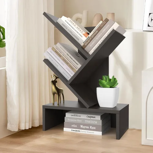 Miniatura 10 de Godferyxin Estantería de árbol, estantería pequeña de madera de 3 niveles y mini estantería para oficina, hogar o escuela, estante de escritorio