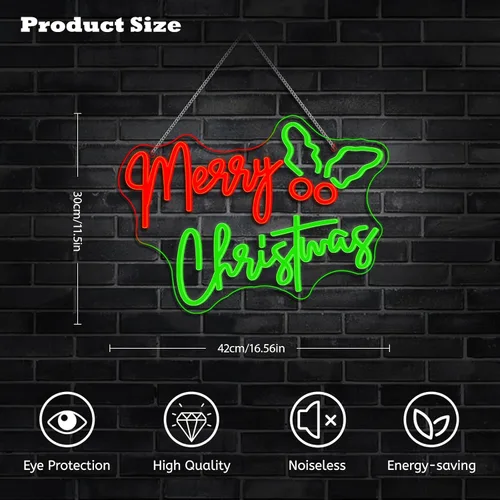Miniatura 5 de Letrero de neón de Holly Berry, Navidad Feliz, luces LED rojas y verdes para decoración de pared, alimentado por USB, luces iluminadas
