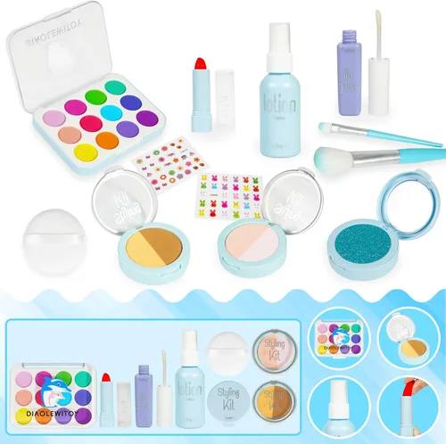 Miniatura 8 de Kit de maquillaje de simulación para niñas, 15 piezas, azul Juguetes cosméticos falsos, para edades de 3, 4, 5, 6, 3-6 años, regalos de cumpleaños