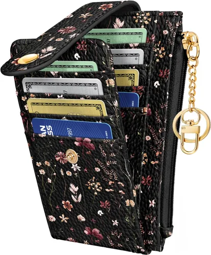 Cartera delgada pequeña para tarjetas para mujeres – Linda cartera con llavero con bloqueo RFID que sostiene 7 tarjetas, diseño de moda de cuero