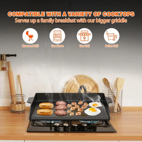 Miniatura 6 de Onlyfire Plancha universal de hierro fundido para parrillas de gas y horno de cocina, plancha plana de BBQ antiadherente con asas para cocinar al