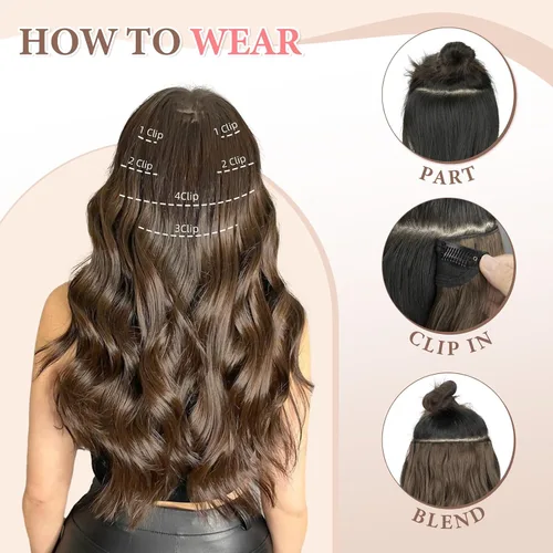 Miniatura 4 de Fliace Extensiones de cabello con clip para mujer, extensiones de cabello ondulado largo de color marrón medio, extensiones de cabello sintético