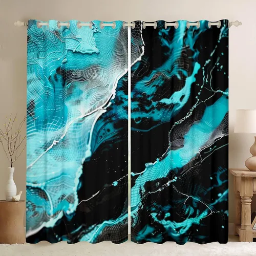 Miniatura 12 de Feelyou Cortinas abstractas para dormitorio, sala de estar, cortinas opacas de oscurecimiento negro y azul, con estampado de mármol, 2 paneles de 38