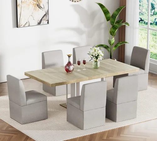 Miniatura 16 de Juego de mesa de comedor extensible para mesa de cocina extensible de 4, 5 piezas y 4 sillas de almacenamiento ocultas de lino tapizadas de madera