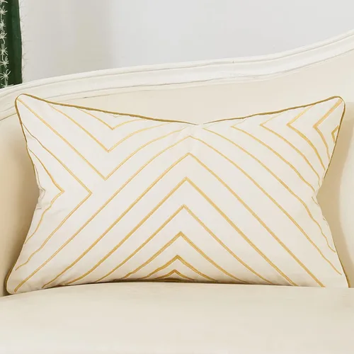 Avigers Funda de cojín de terciopelo con líneas geométricas bordadas a rayas blanco dorado de 12 x 20 pulgadas, funda de almohada lumbar decorativa