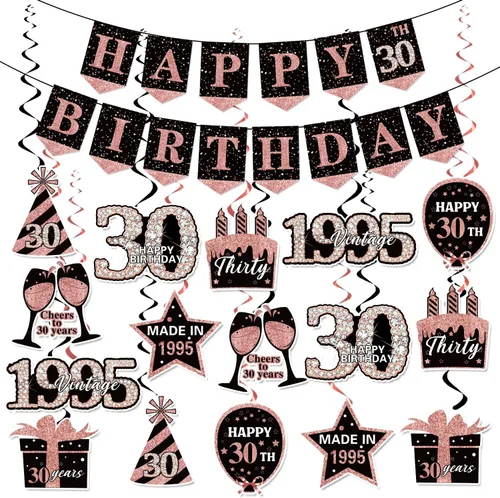 KORHONEN Decoraciones de cumpleaños número 30 para ella, pancarta de feliz cumpleaños de 30 color rosa y negro y espirales colgantes, decoración de