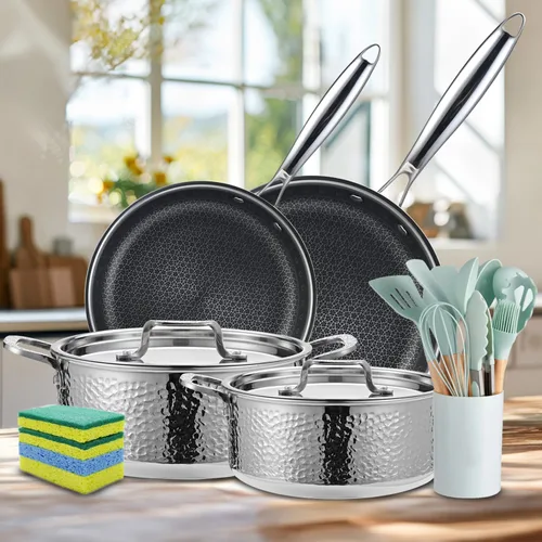 Miniatura 2 de Vivicreate Juego de 20 utensilios de cocina de acero inoxidable de tres capas, ollas y sartenes martilladas con 2 sartenes antiadherentes y 2 ollas