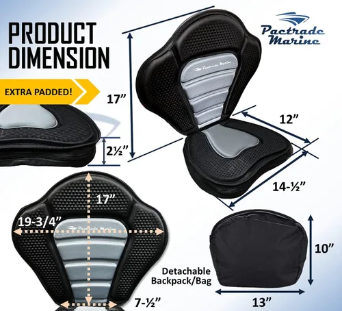 Miniatura 2 de Pactrade Marine Correas ajustables, color negro y gris, extra acolchado, asiento de kayak de lujo, bolsa de almacenamiento desmontable, respaldo