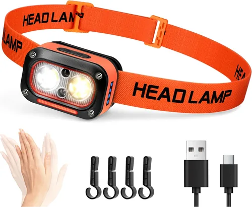 DARKBEAM Faro LED de alto lúmenes, recargable por USB, doble luz para casco duro con sensor de movimiento, luz roja de advertencia hacia