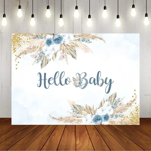 Miniatura 5 de Mocsicka Telón de fondo bohemio para baby shower para niños, tema de Hello Baby Boho Chic Flores Azules, Fondo de fotografía Bohemio Baby Shower