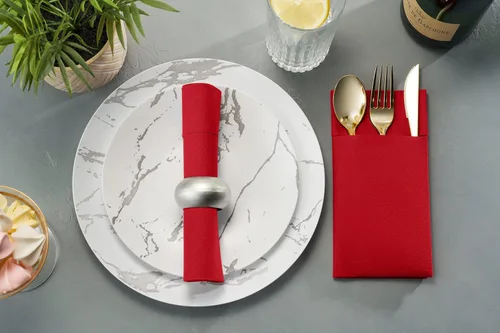 Miniatura 6 de Paquete de 50 servilletas desechables de lino con bolsillo integrado para cubiertos, color rojo brillante, como servilletas de papel para Navidad