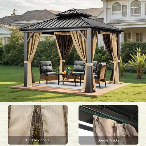 Miniatura 5 de DWVO Gazebo de techo rígido de 10 x 10 pies, techo doble con redes y cortinas, techo de rayas verticales de acero galvanizado resistente para patio