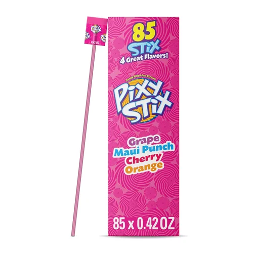 Wonka Pixy Stix, pajitas de polvo agrio, uva, ponche de Maui, cereza y naranja, caramelo en polvo dulce y agrio, 85 unidades