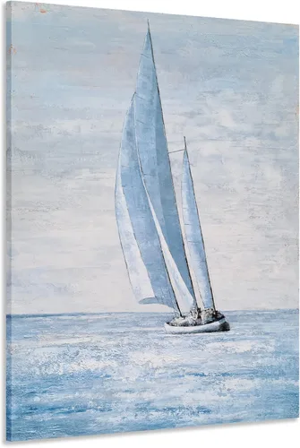 Miniatura 14 de Yihui Arts Lienzo de pared pintado a mano, pintura abstracta de atún, obra de arte moderna, imágenes costeras en color azul y blanco para decoración