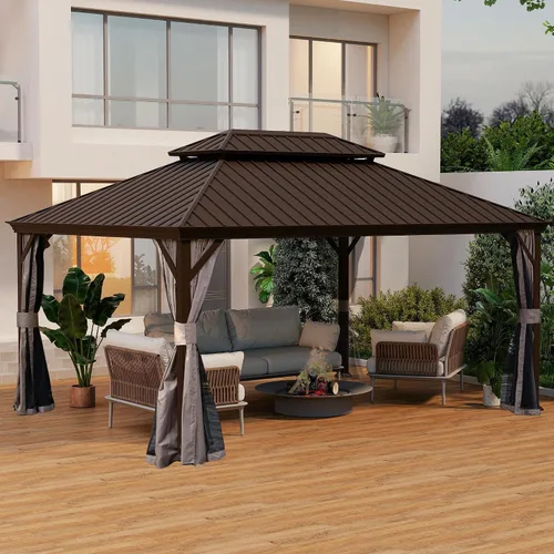 Miniatura 16 de Domi - Cenador permanente de metal con techo rígido de 8 x 8 pies, con doble techo de acero galvanizado, cortinas y malla para fiestas, bodas, Gris