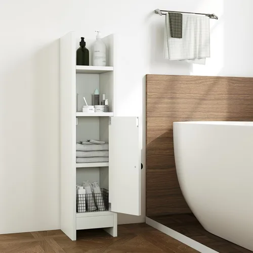 Miniatura 2 de Tangkula Armario de almacenamiento de baño pequeño, gabinete de piso de esquina delgado estrecho con estante ajustable y 2 estantes abiertos, Blanco