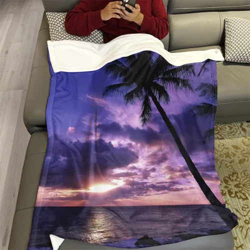 Miniatura 3 de Manta de franela suave con palmera y puesta de sol, acogedora manta tropical ligera para sofá, cama, decoración del hogar, 50 x 60 pulgadas