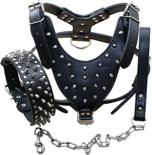 Miniatura 5 de Arnés para perro con tachuelas de cuero de raza, collar y correas, juego de 3 piezas para perros medianos y grandes, mastín, boxer, bull terrier