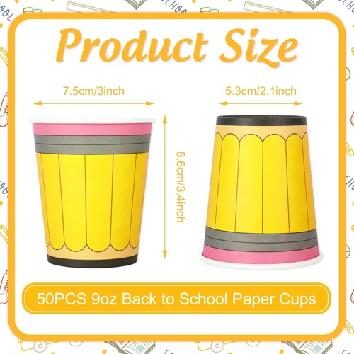 Miniatura 2 de Whaline 50 vasos de papel para el regreso a la escuela, 9 onzas, diseño de lápiz amarillo, tazas desechables para café, té, aperitivos, aula, primer