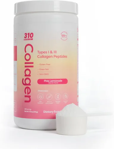 310 Nutrition Péptidos de colágeno para mujeres y hombres – Colágeno hidrolizado alimentado con pasto con ácido hialurónico, resveratrol, vitamina C