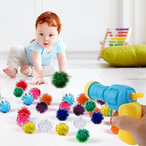 Miniatura 8 de Dorhui Lanzador de pistola de juguete para gatos, 30 bolas de pompones brillantes y lanzador de bolas de gato, disparador de pistola de juguete