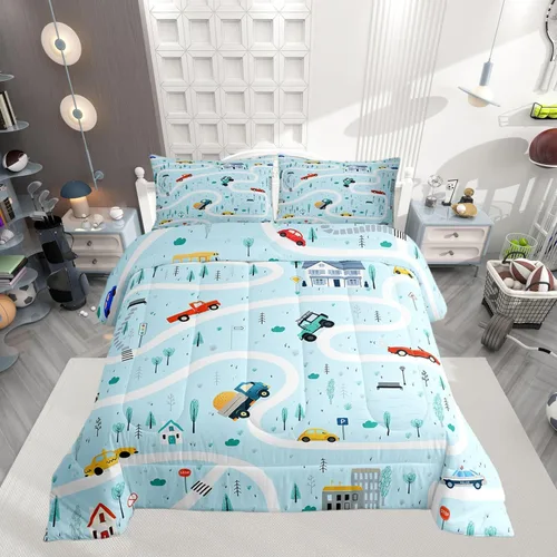 Juego de edredón de caricaturas de autos para adolescentes, juego de ropa de cama de transporte urbano, ropa de cama para decoración del hogar para